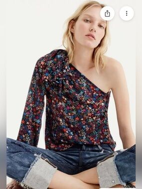 J.Crew Star Print One-Shoulder Long Sleeve Bow Shoulder Top Sz 6